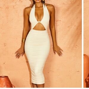 Oh Polly Adora Low Plunge Ruched Dress Ivory